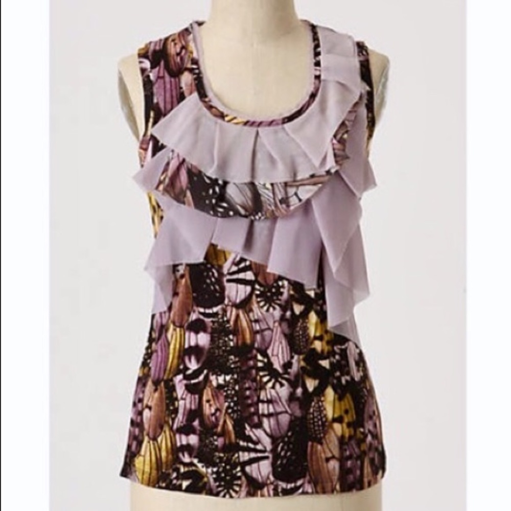 Anthropologie Butterfly Pattern Ruffle Top, Size S